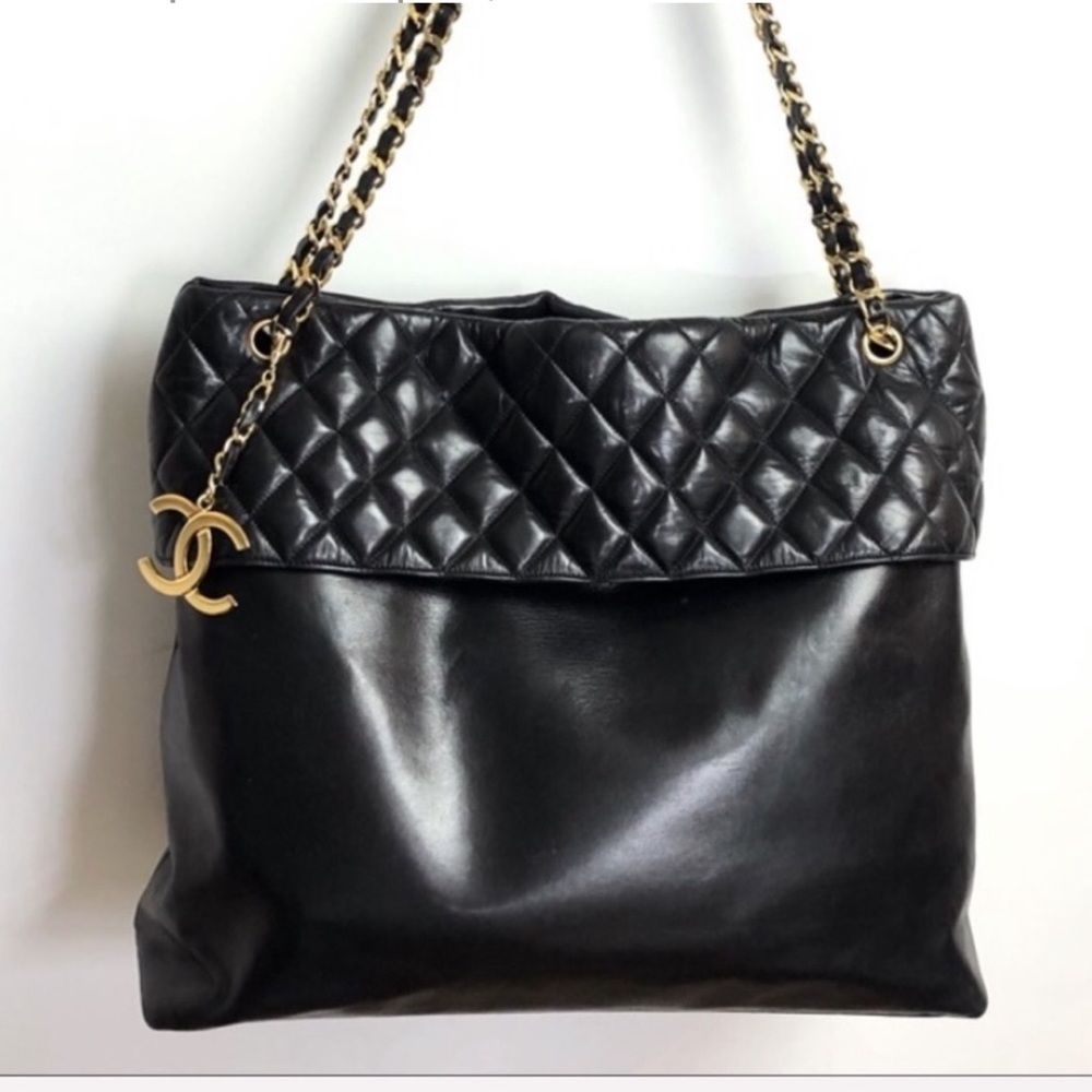 Make an offer! Chanel vintage quilted black lambskin XXL tote bag. Chain CC logo